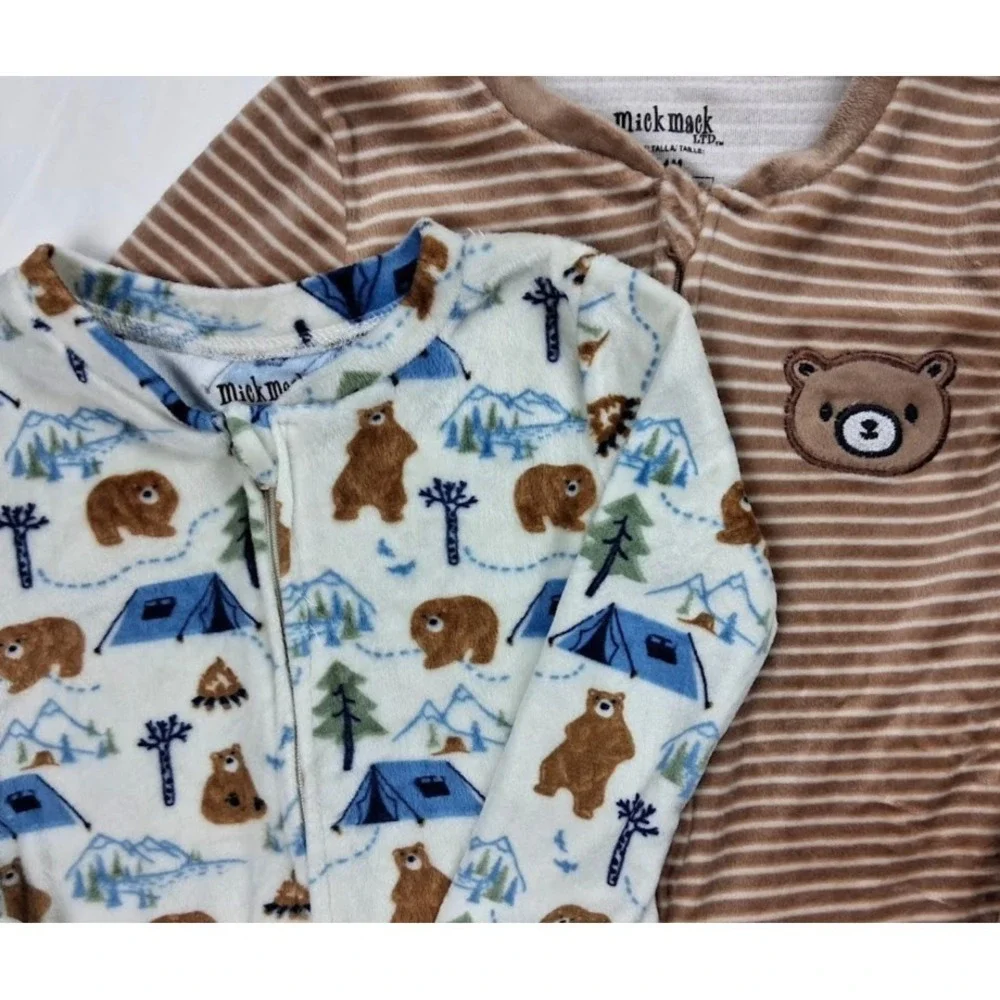 Mick Mack Ltd Baby Boy 24 Mos Velour Bear Sleeper Outfit Lot Open Feet Brown 2pc